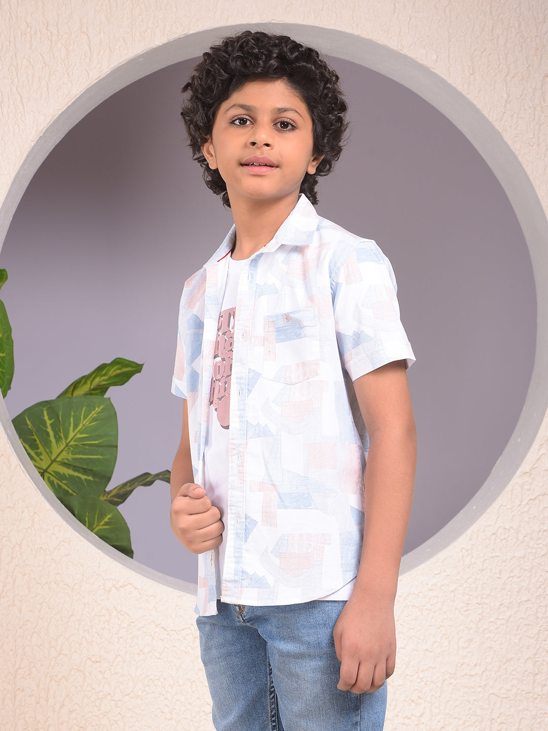 Peach Printed Shirt & Tee Set Layered Look
