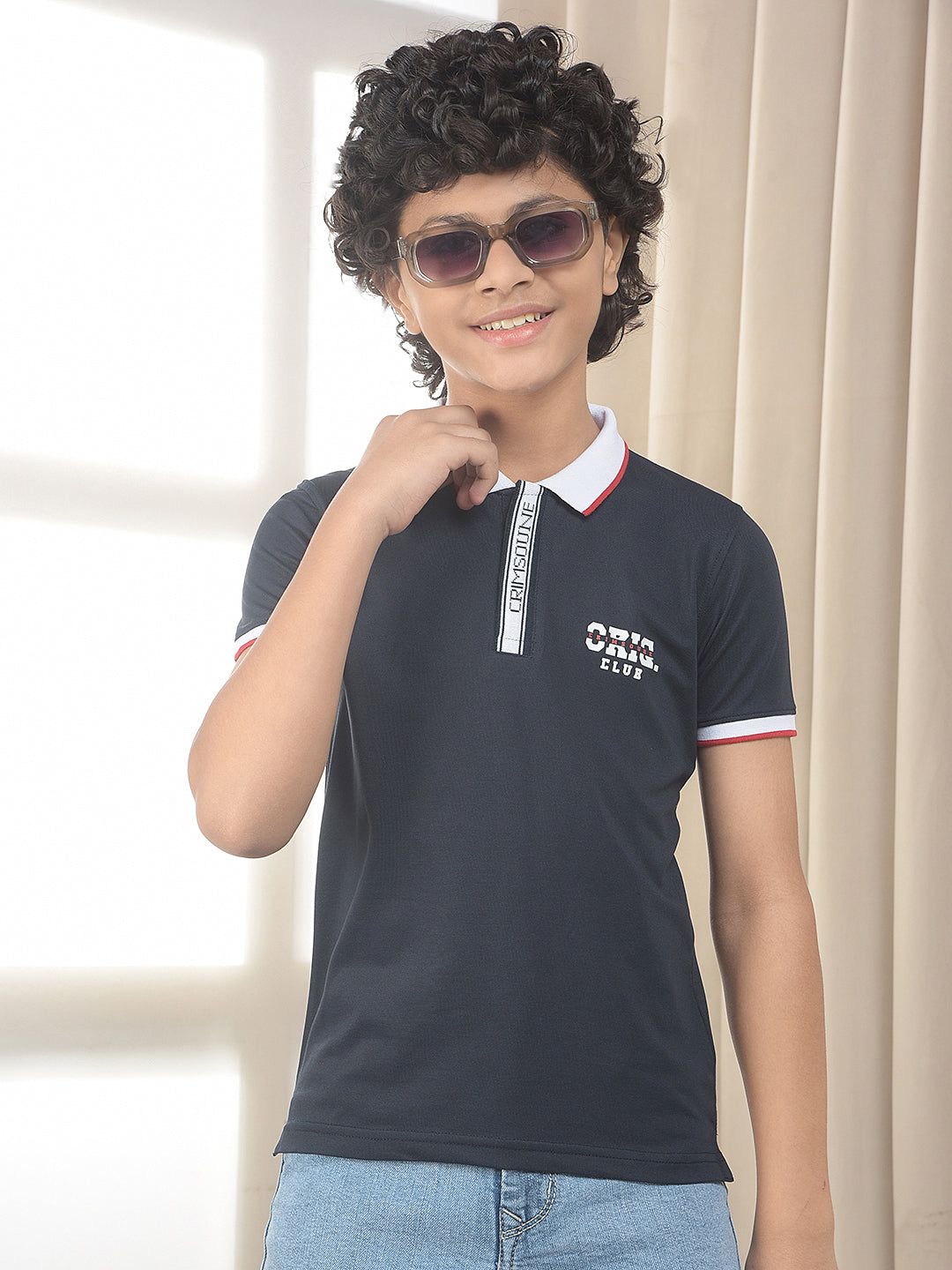 Navy Blue Typographic Polo Neck T-Shirt