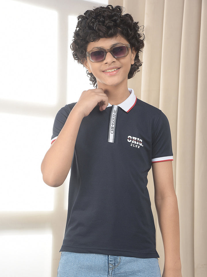 Navy Blue Typographic Polo Neck T-Shirt