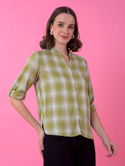 Green Checked V-Neck Shirt