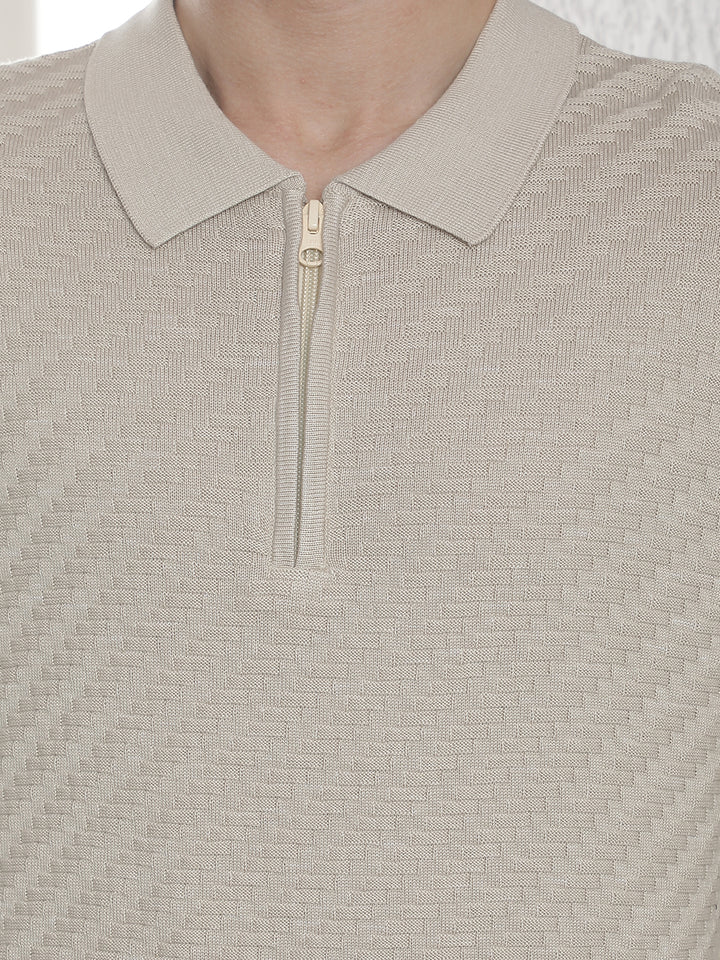Beige 100% Cotton Knitted Polo Neck Sweater