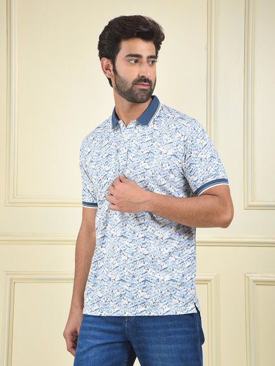 Blue Printed Polo Neck T-Shirt