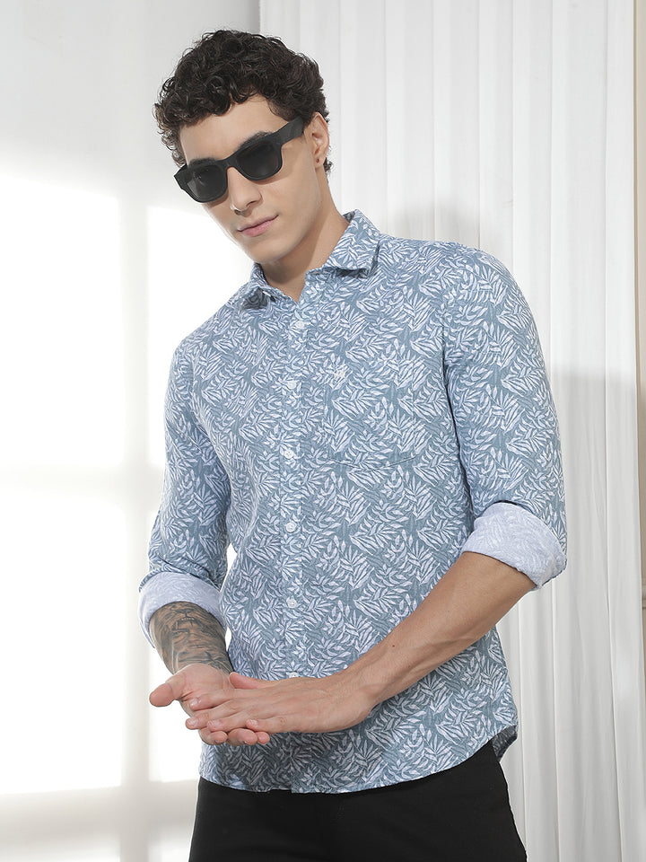 Blue Botanical Print 100% Cotton Shirt