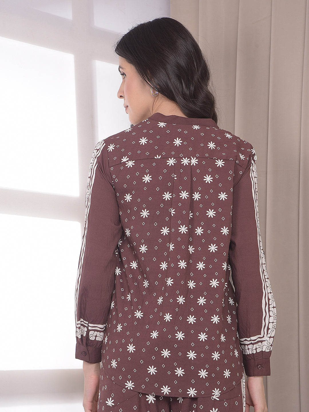 Brown Printed V-Neck Shirt