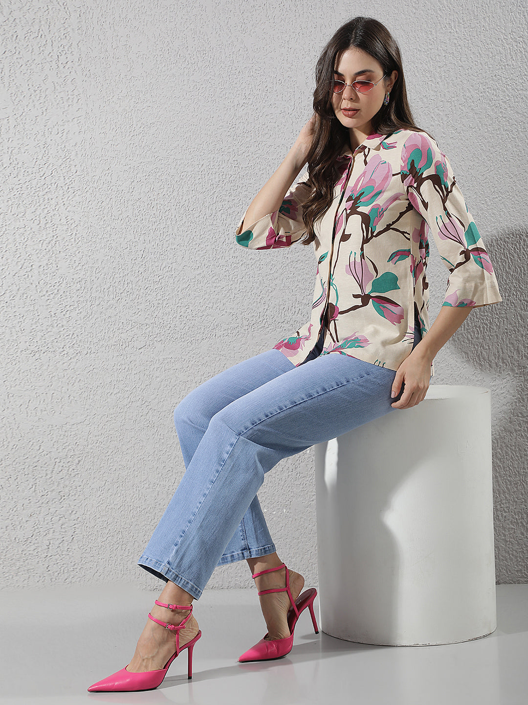 Pink Floral Print Linen Shirt