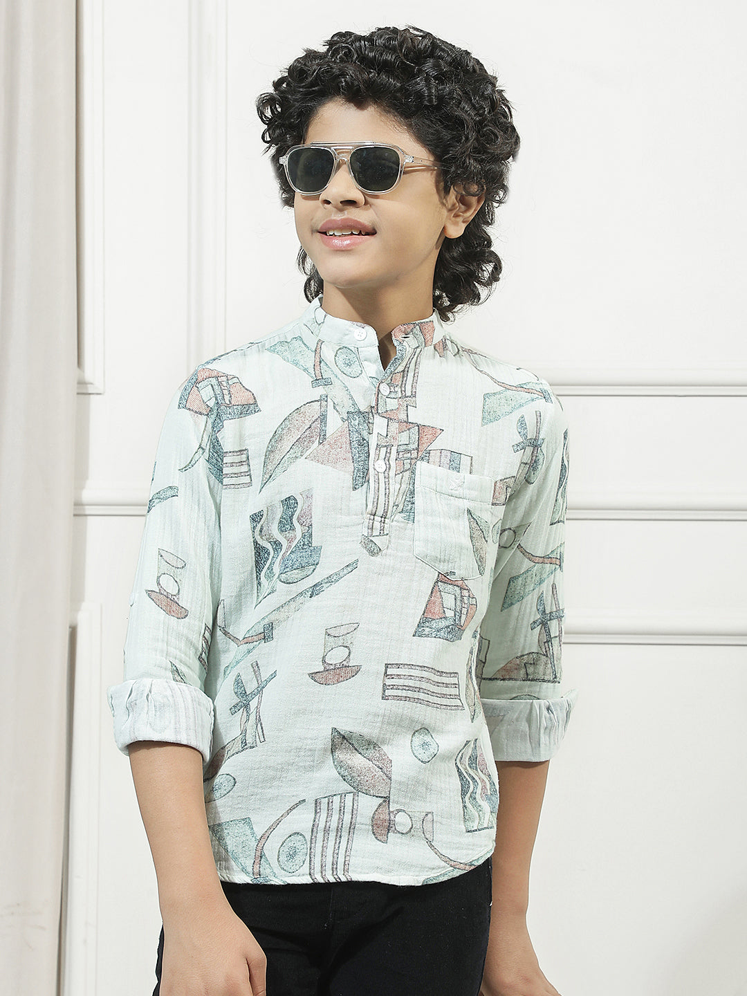 Multicolor 100% Cotton Graphic Print Mandarin Neck Kurta