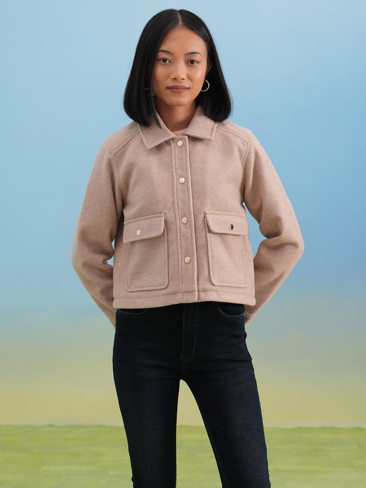 Beige Double-Pocket Cropped Shacket