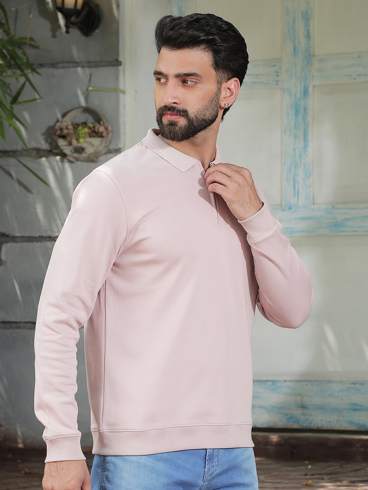 Pink Polo Neck Front Open Sweatshirt