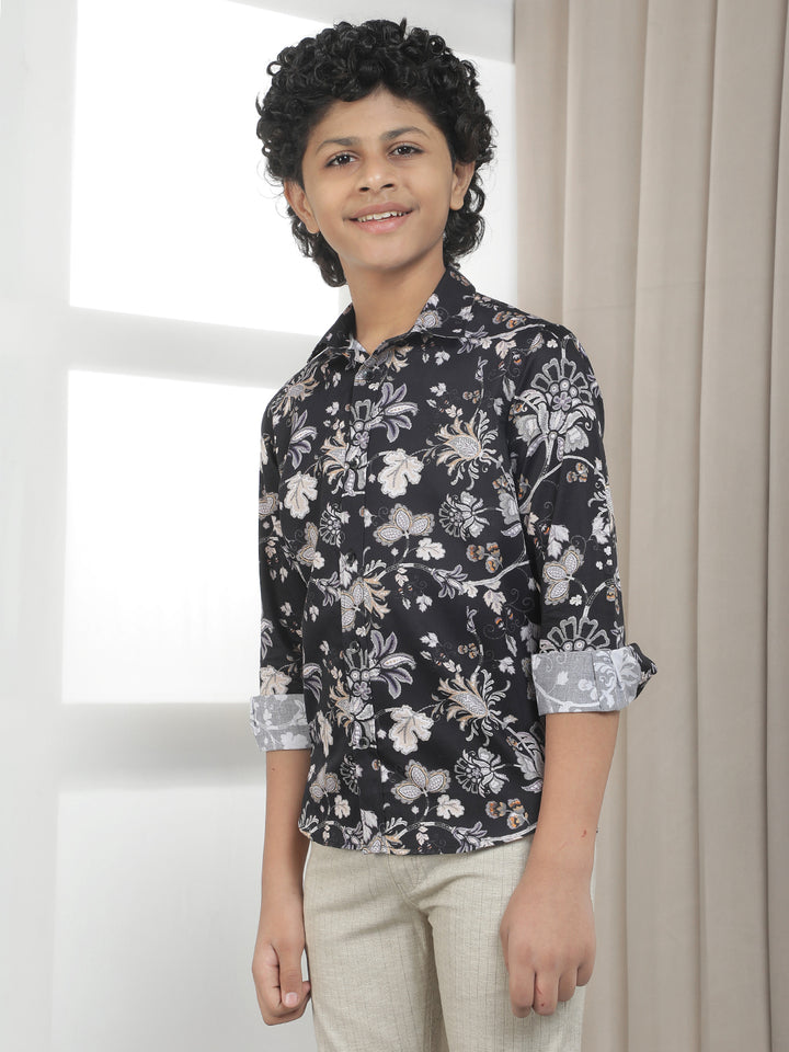 Black 100% Cotton Floral Print Shirt