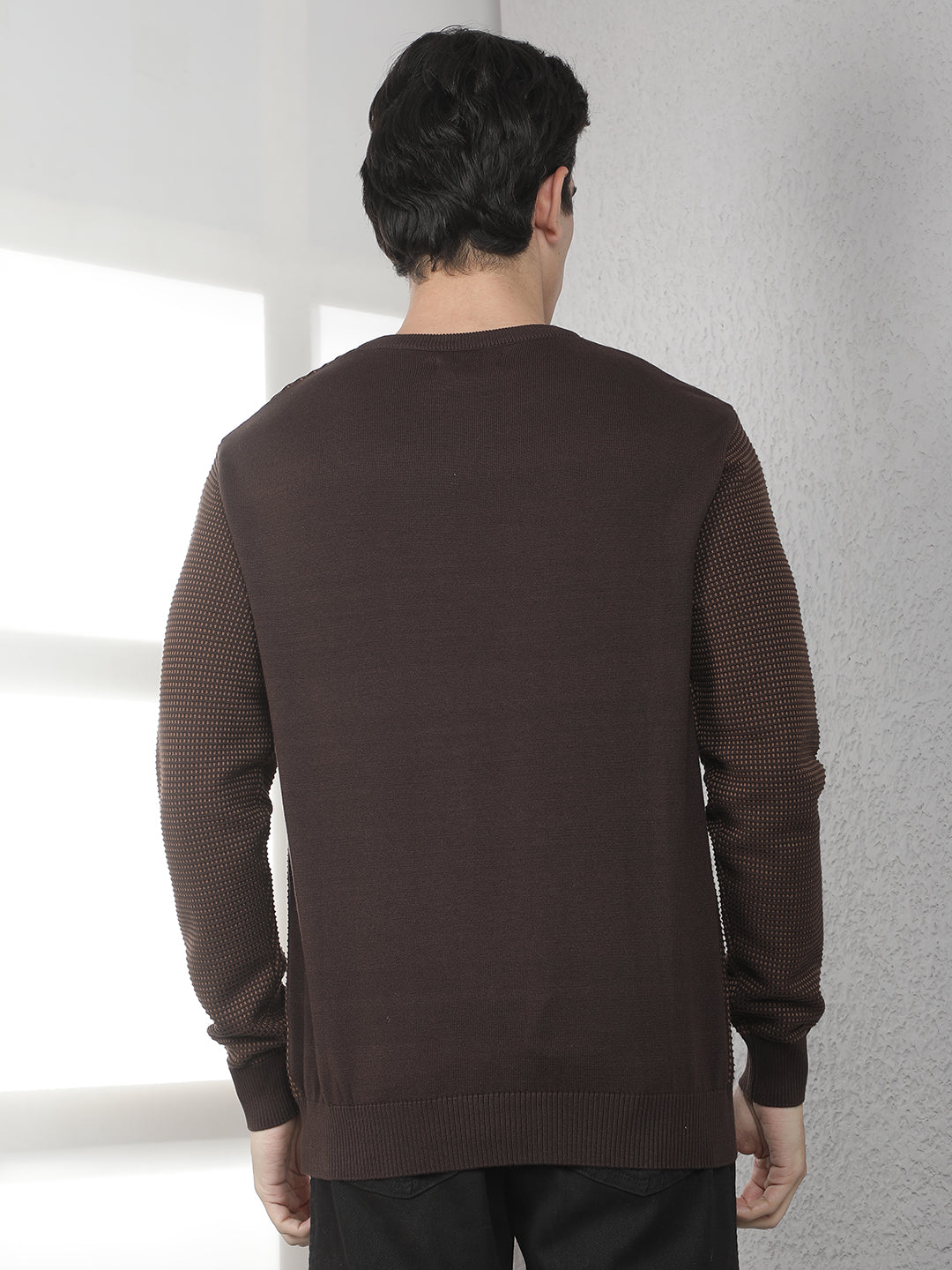 Brown 100% Cotton Textured Round Neck Sweater
