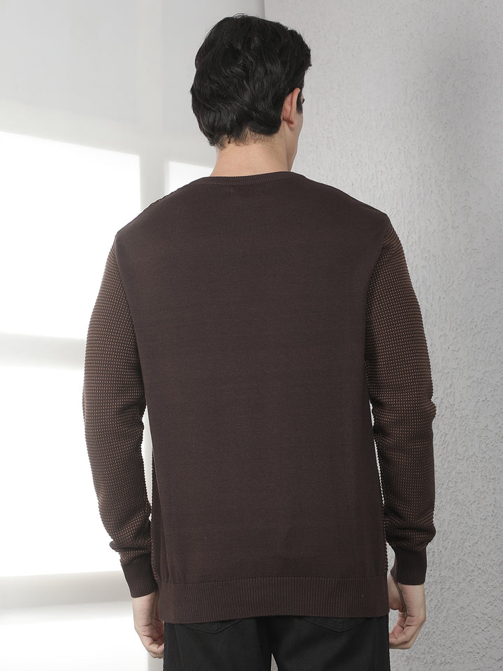 Brown 100% Cotton Textured Round Neck Sweater