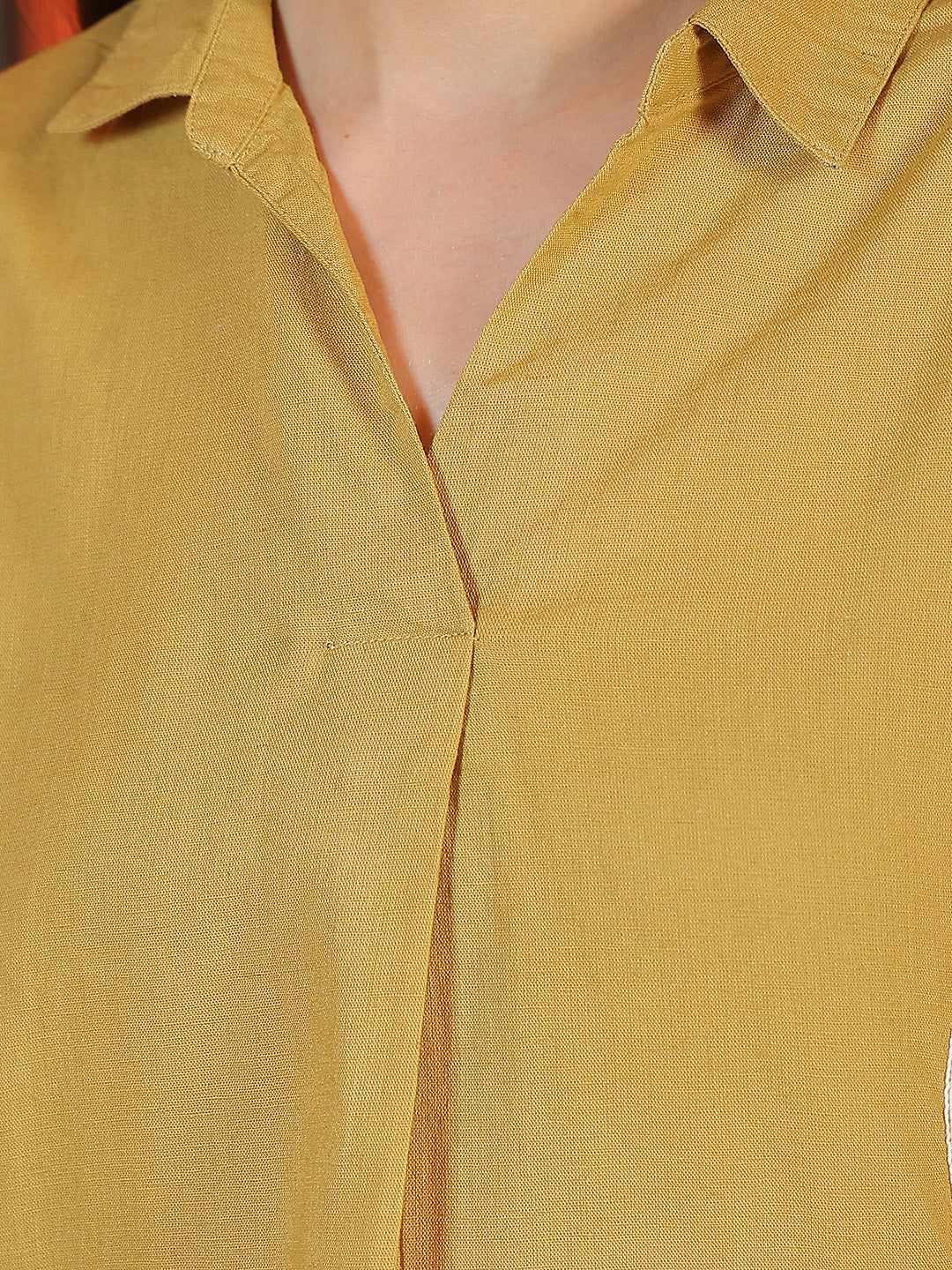Cotton Mustard Embroidered Longline Top