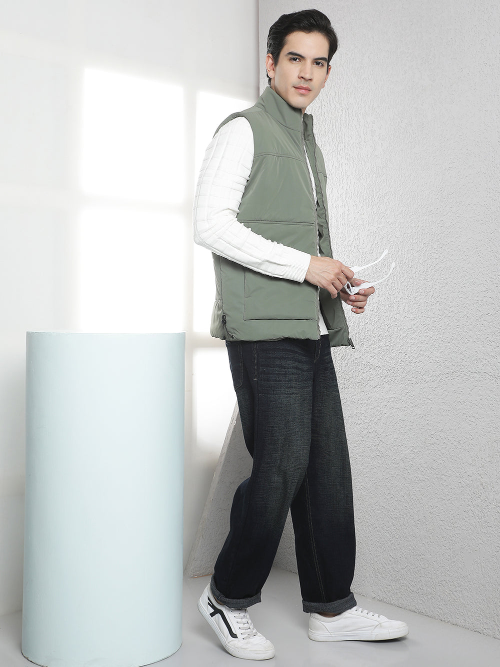 Olive High Neck Sleeveless Puffer Jacket