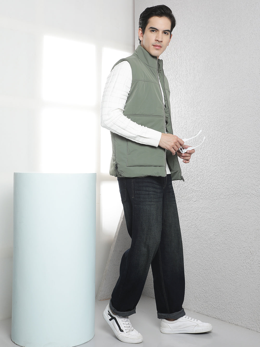 Olive High Neck Sleeveless Puffer Jacket
