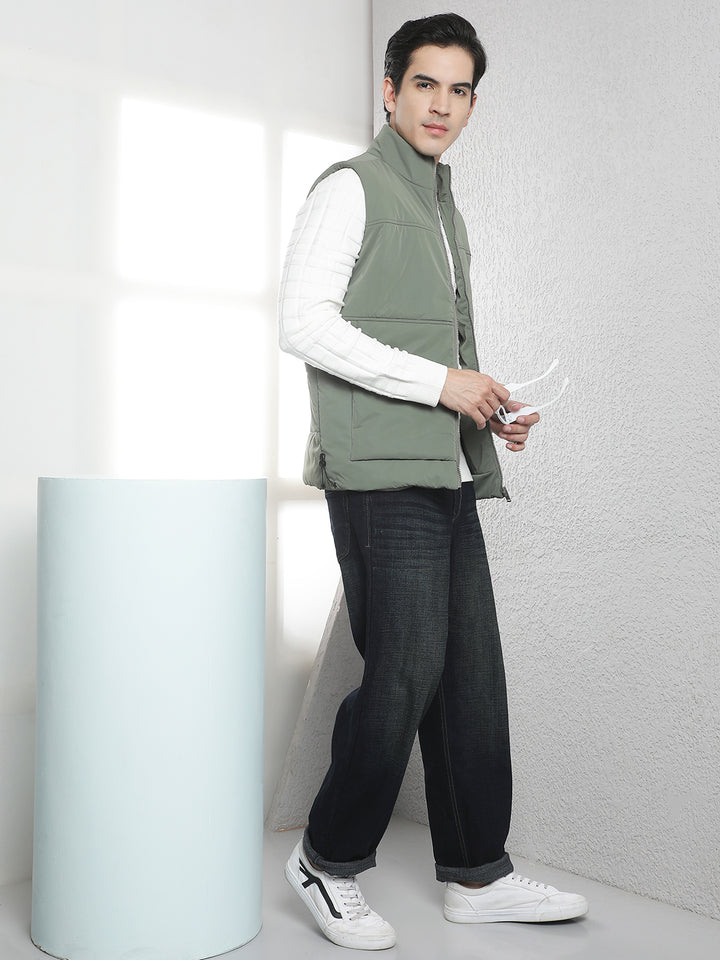 Olive High Neck Sleeveless Puffer Jacket