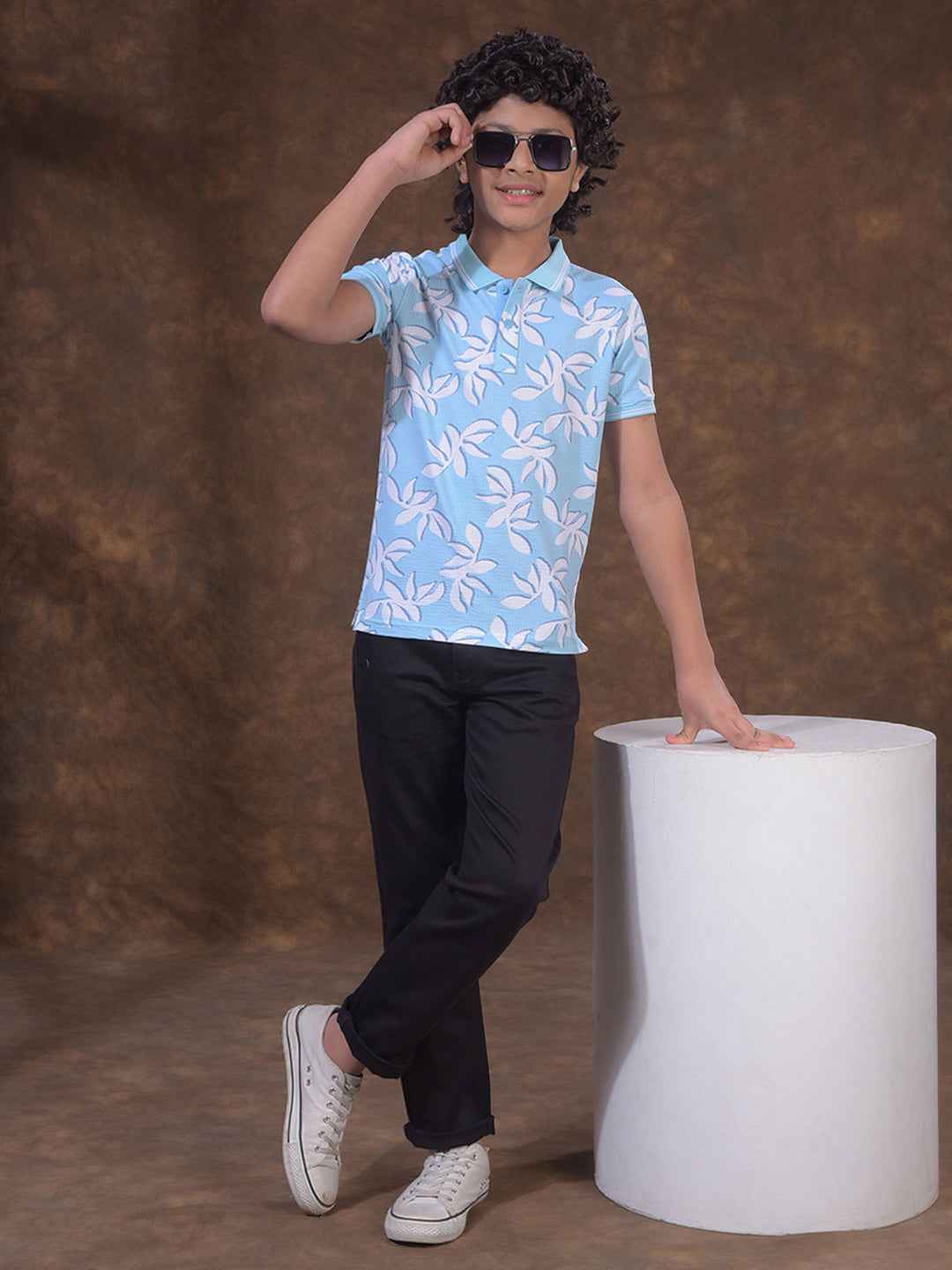 Blue Floral Print Polo Neck T-Shirt