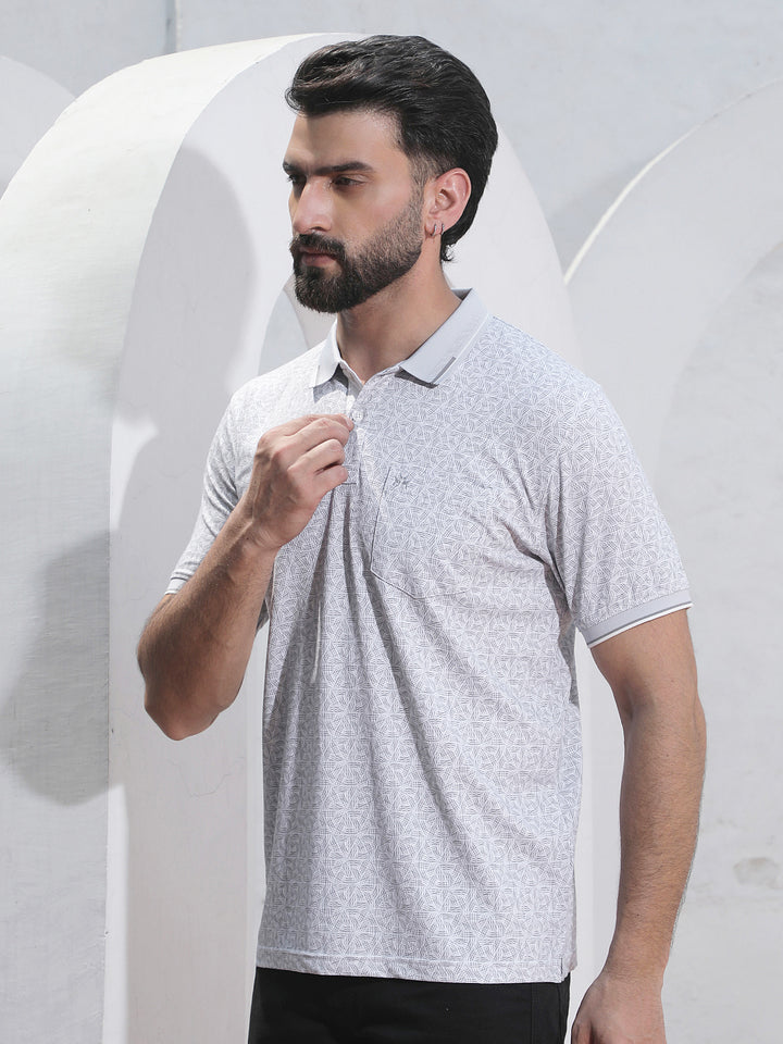 Grey Printed Polo Neck T-Shirt