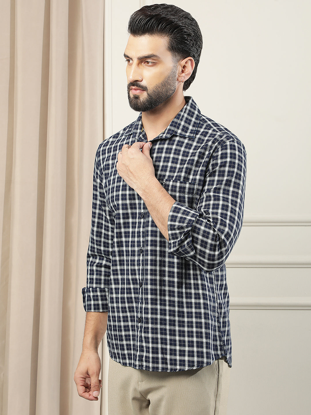 Navy Blue 100% Cotton Checked Shirt