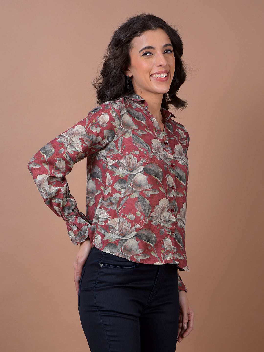 Maroon Floral Print Modal Shirt