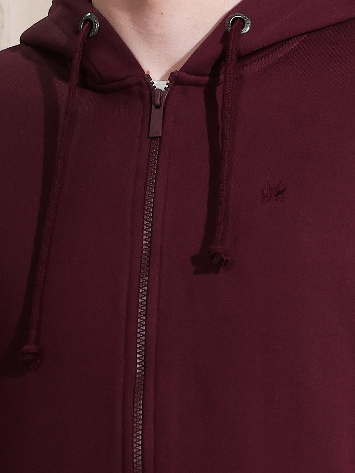 Maroon Hooded Neck Front Open Sweatshirt