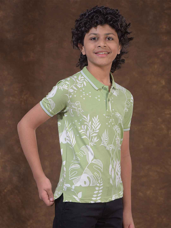 Green Floral Print Polo Neck T-Shirt