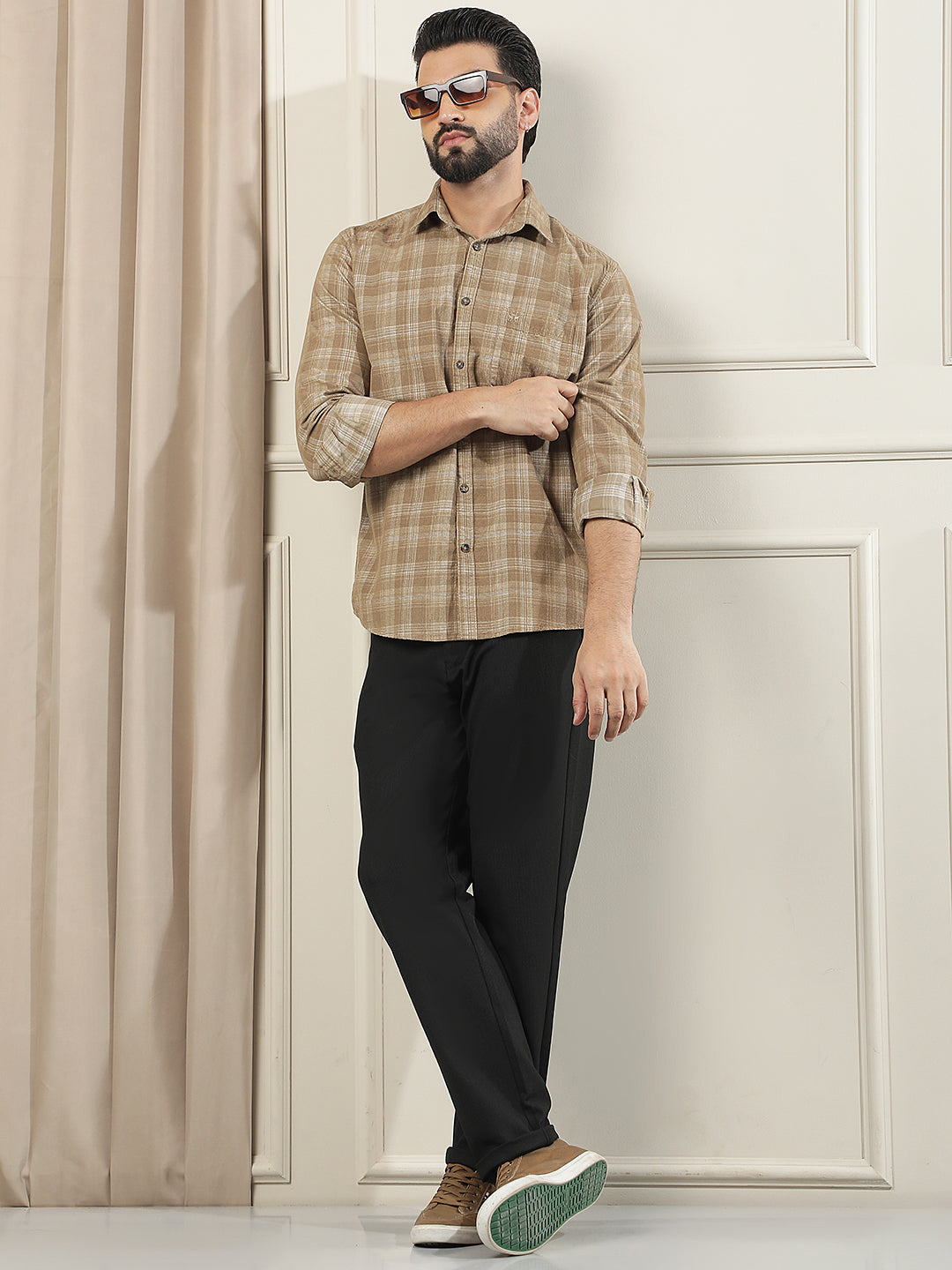 Brown Checked 100% Cotton Corduroy Shirt