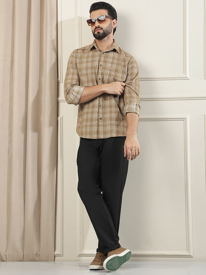 Brown Checked 100% Cotton Corduroy Shirt