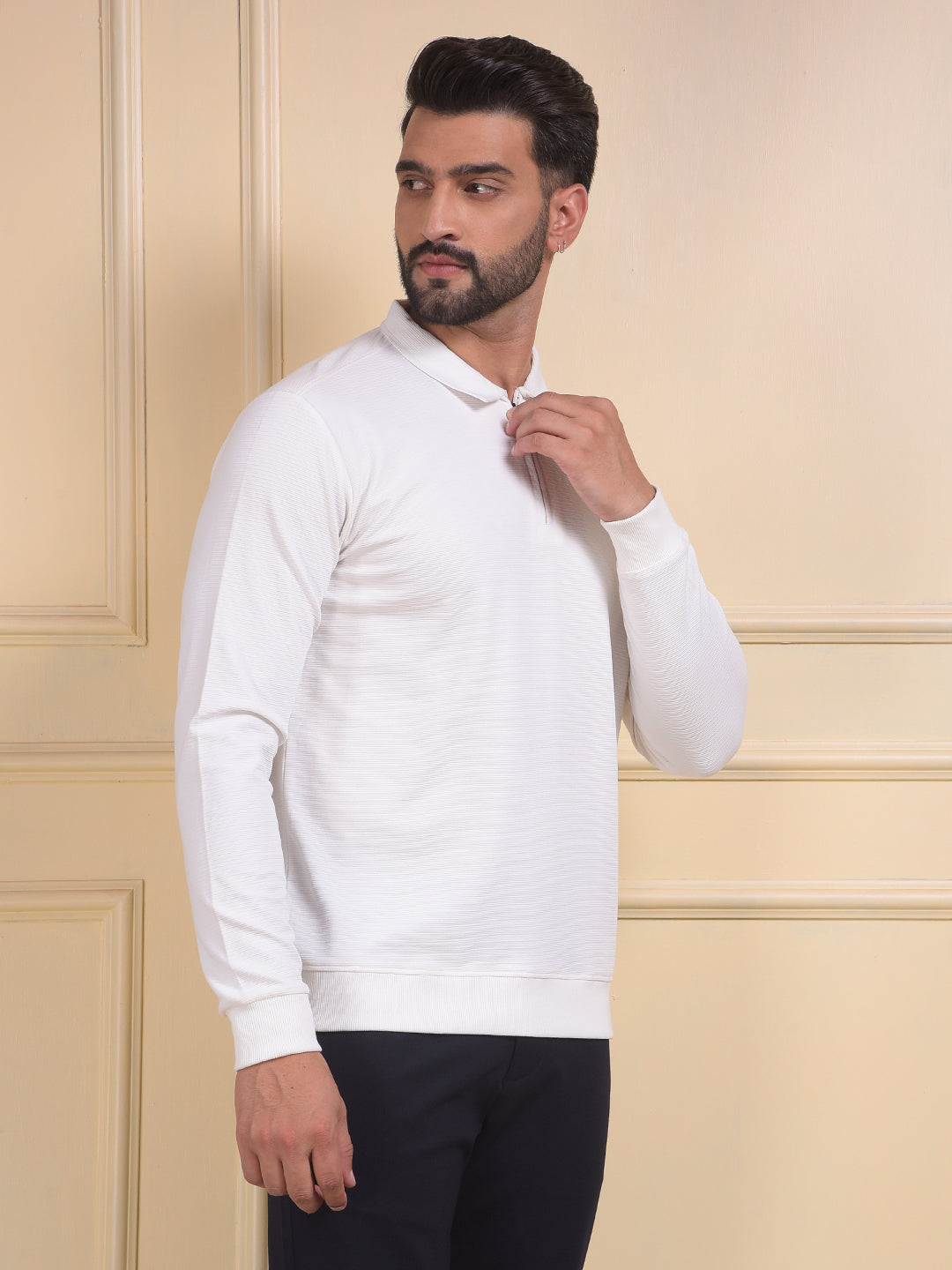 White Jacquard Polo Neck Knitted Sweatshirt
