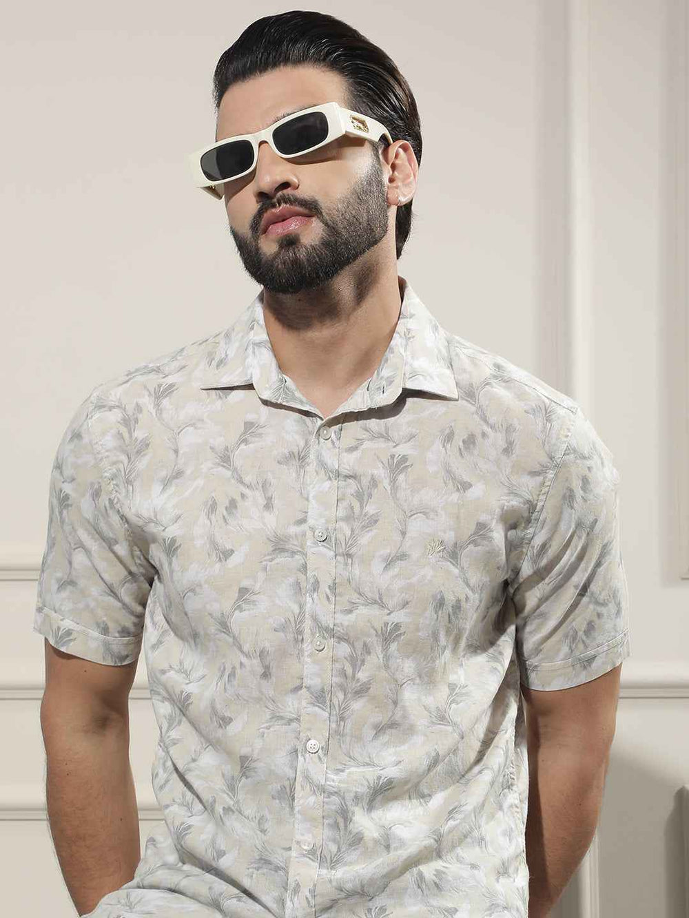 Grey Floral Print Linen Shirt
