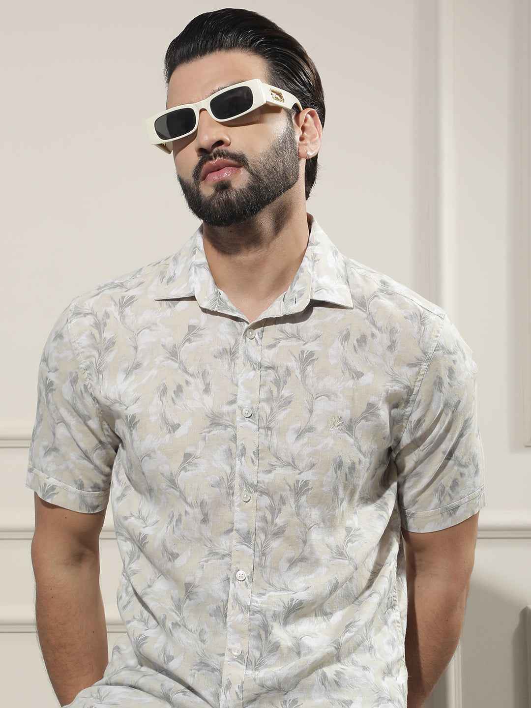 Grey Floral Print Linen Shirt