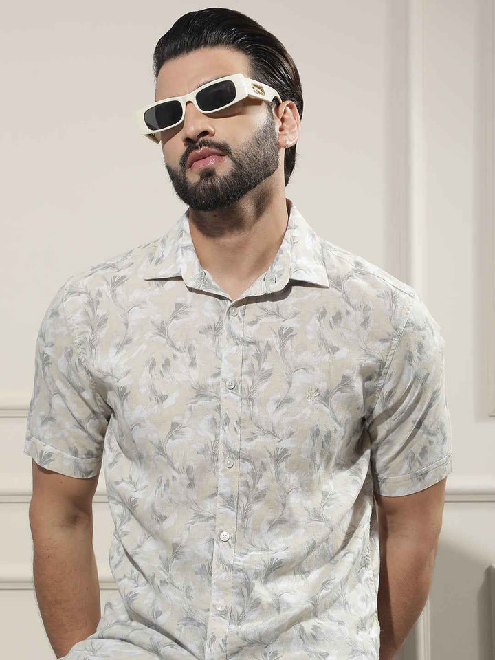 Grey Floral Print Linen Shirt