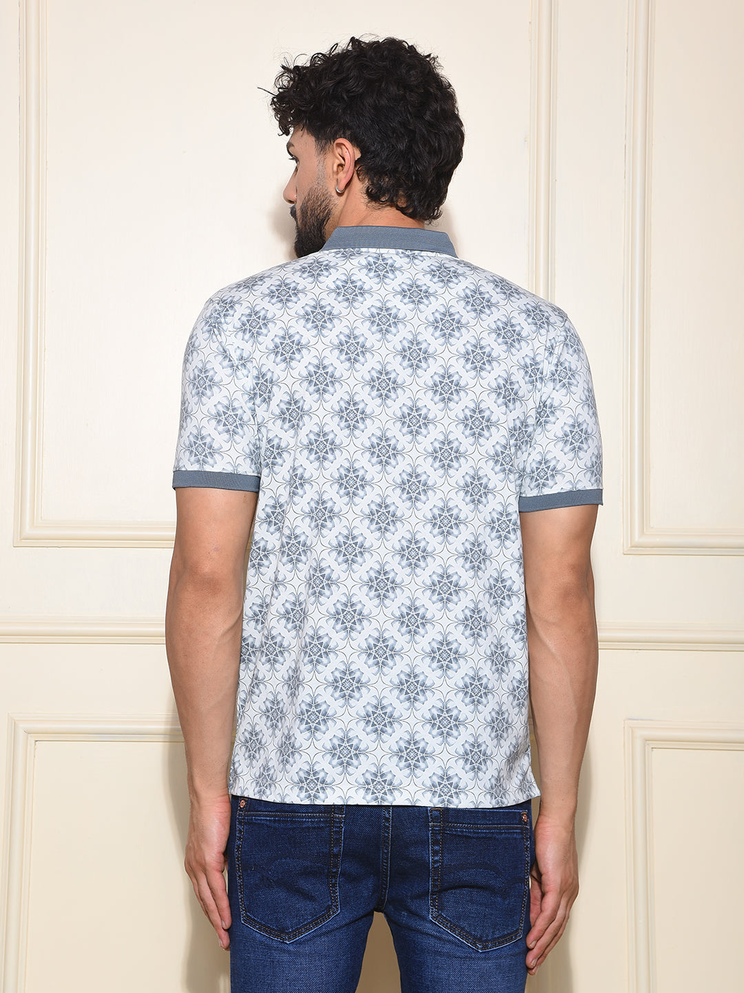 Blue Printed Polo-Neck T-Shirt