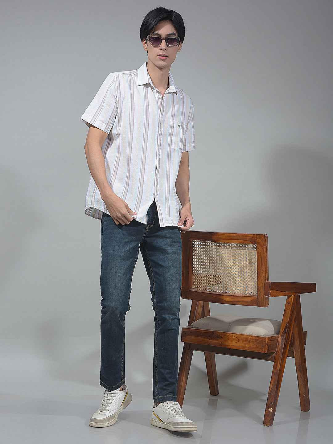 Beige Vertical Striped Linen Shirt