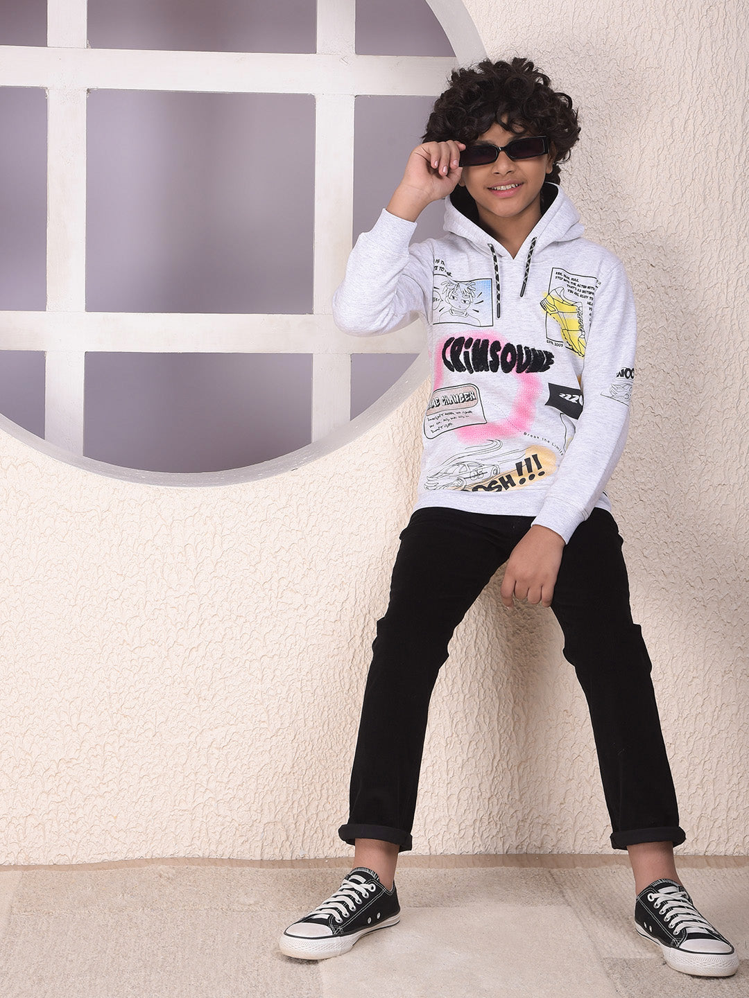 Grey Typographic Print Hooded Neck Sweatshirt