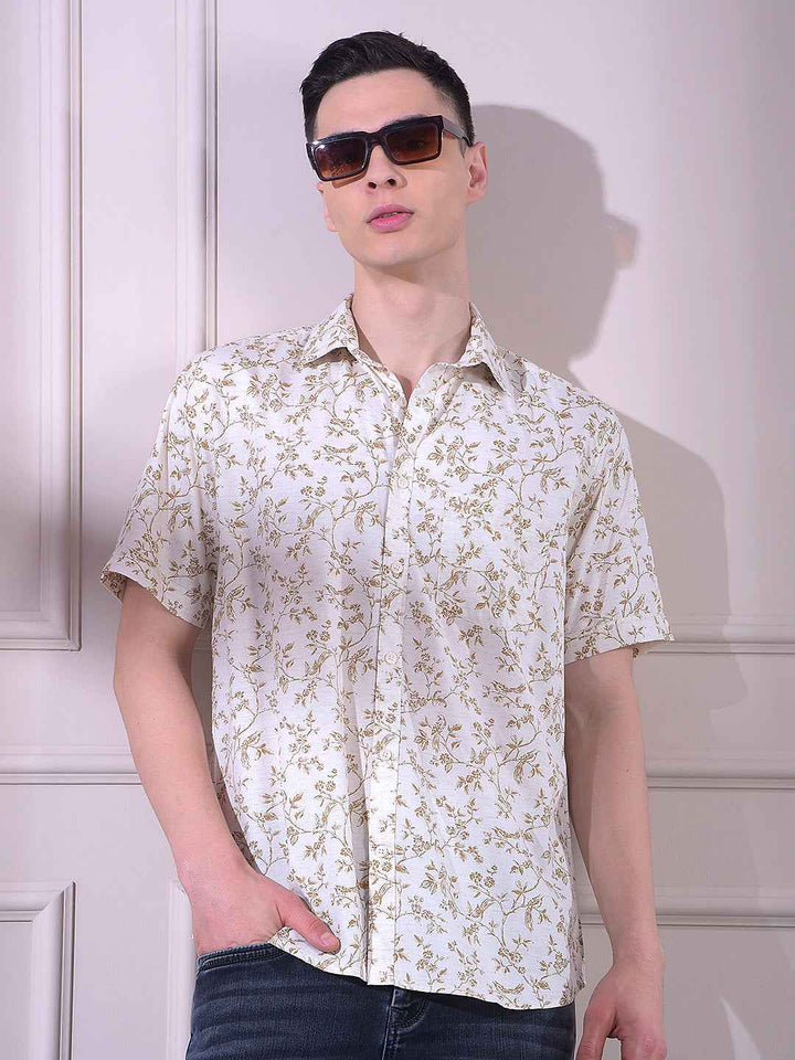 Brown Linen Floral Print Shirt