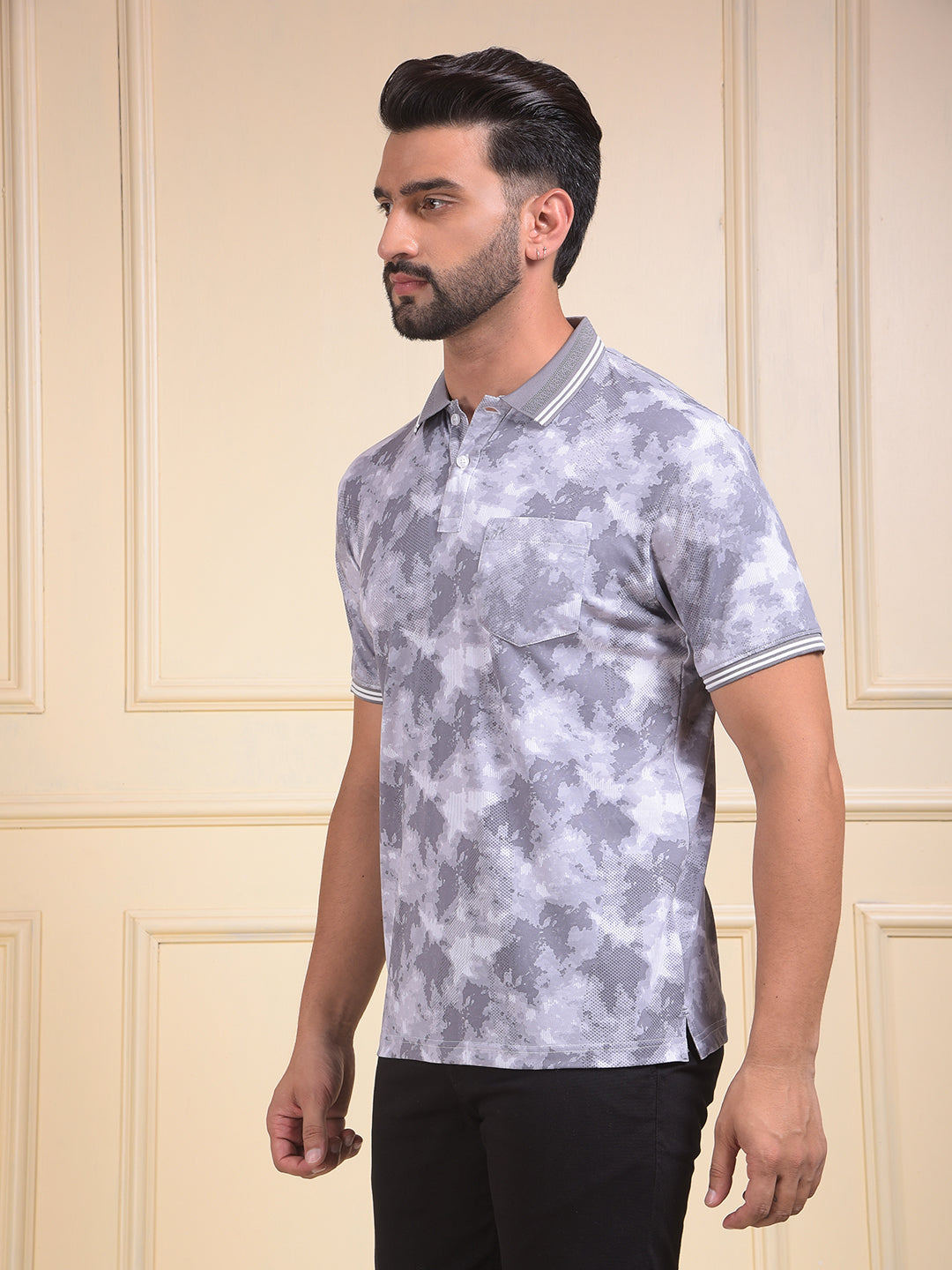 Grey Abstract Print Polo Neck T-Shirt