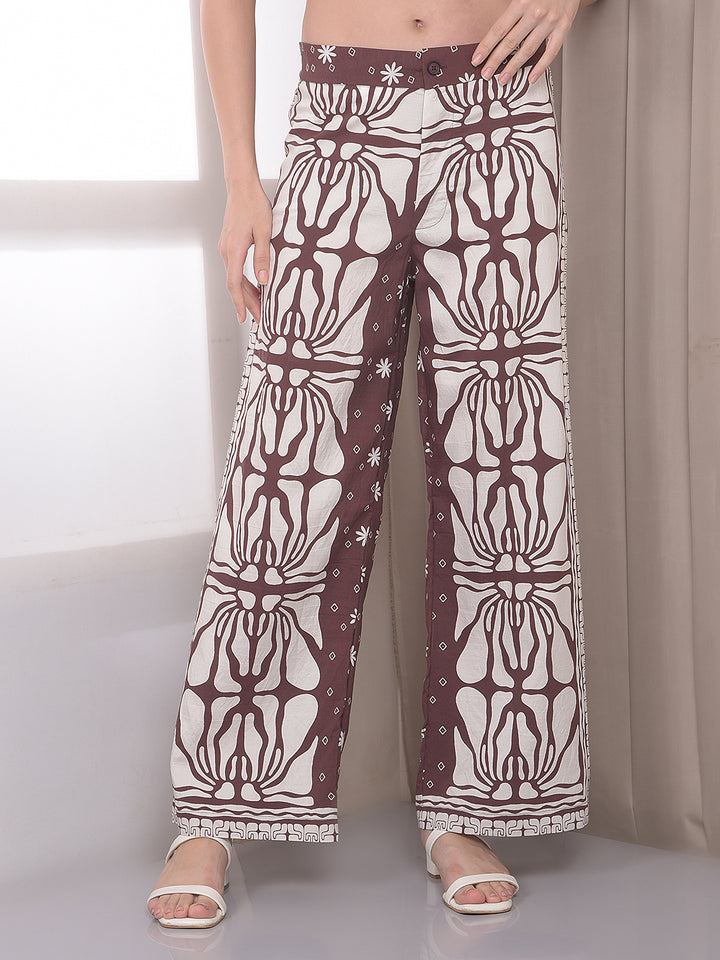 Brown Print Wide Leg Trousers