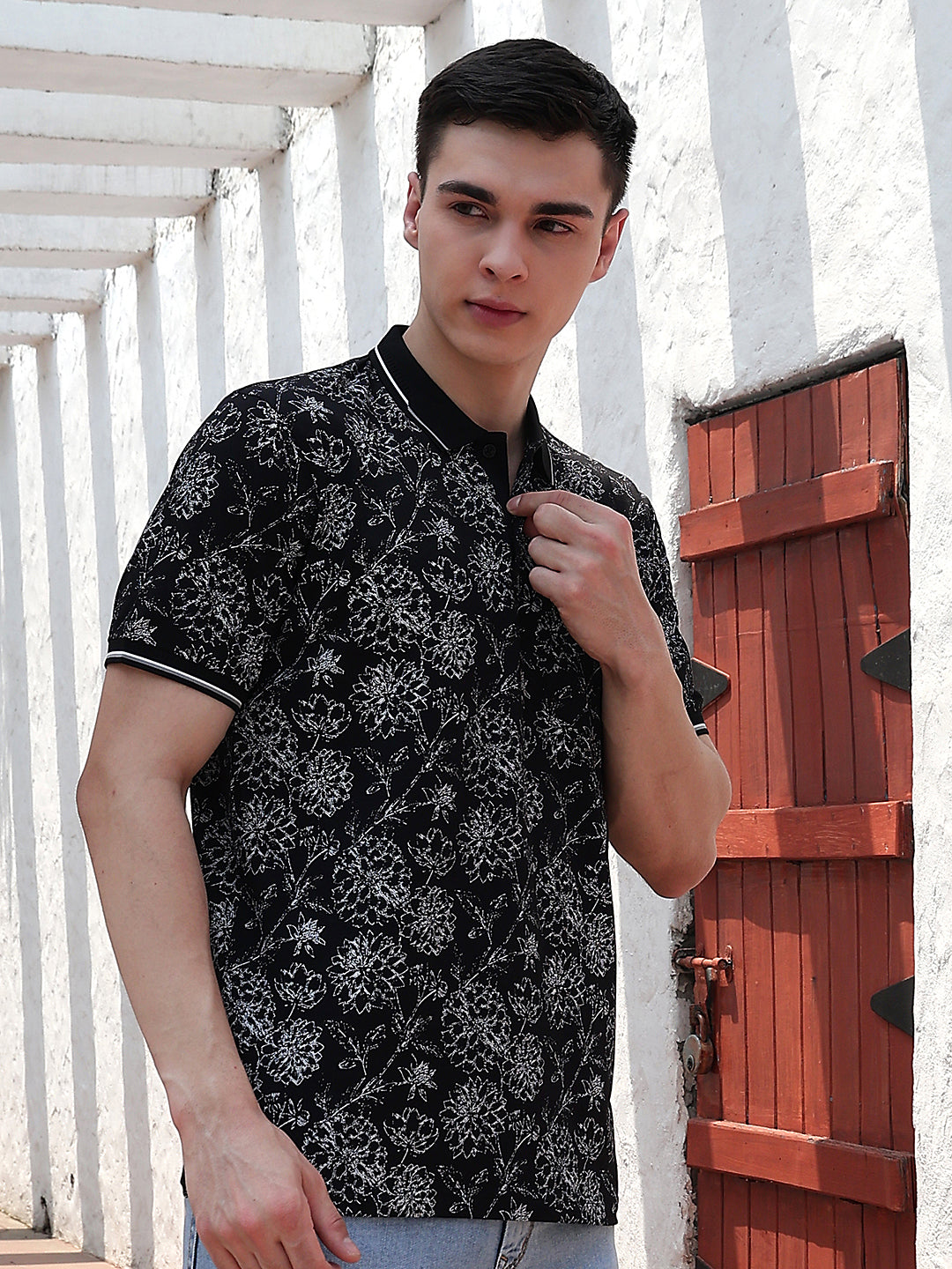 Black Floral Print Polo Neck T-Shirt