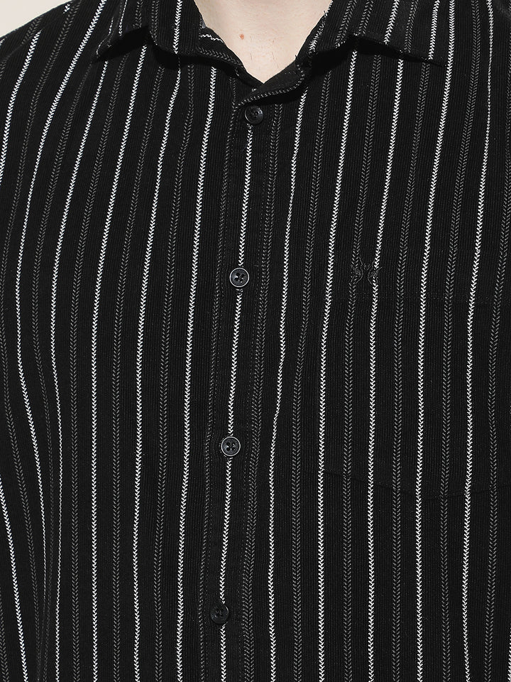 Black Vertical Stripes 100% Cotton Corduroy Shirt