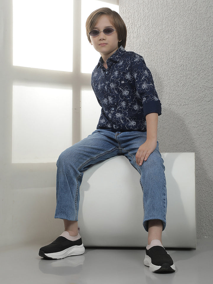 Blue Floral Print 100% Cotton Shirt