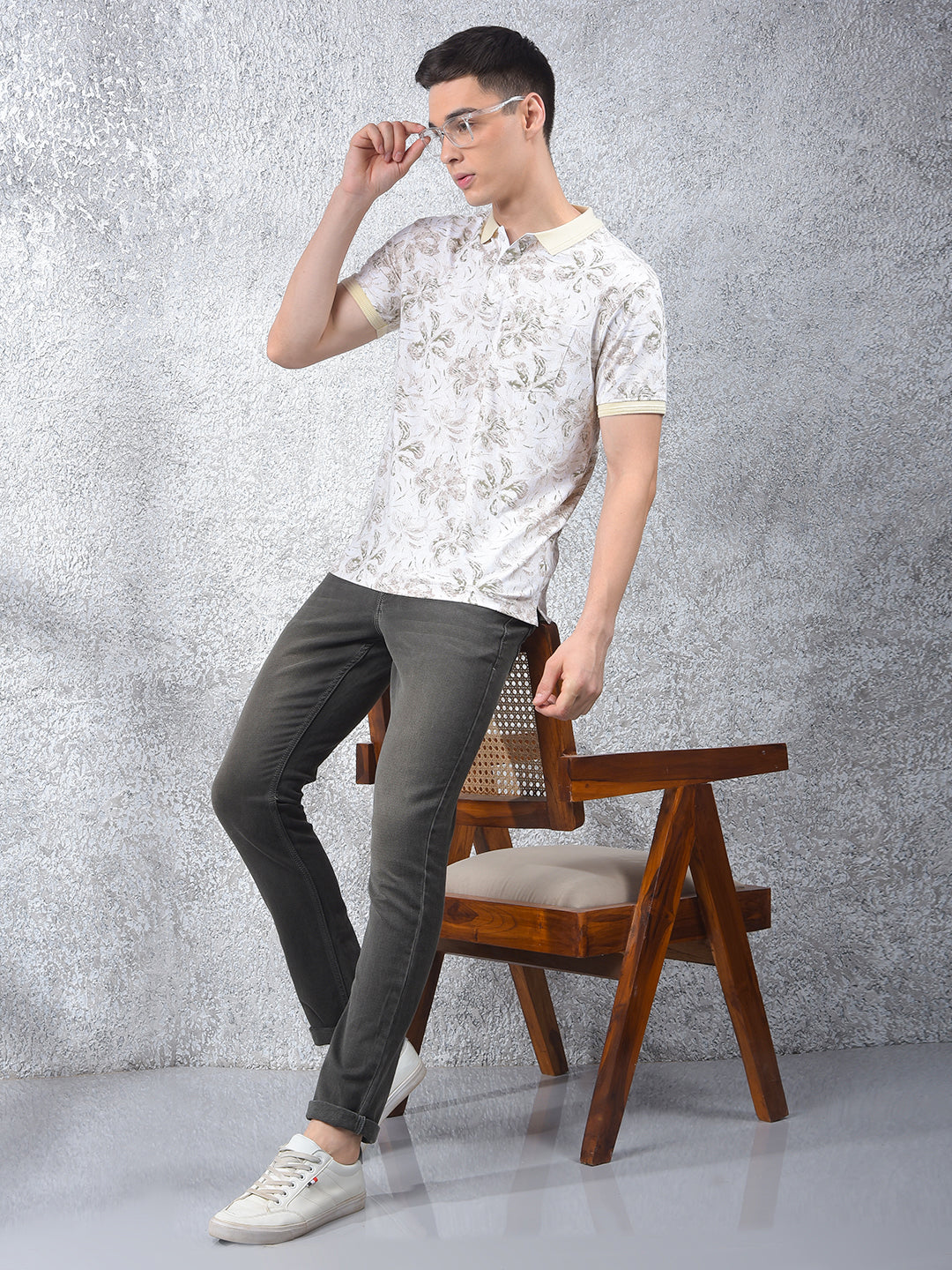 Beige Floral Print Polo-Neck T-Shirt