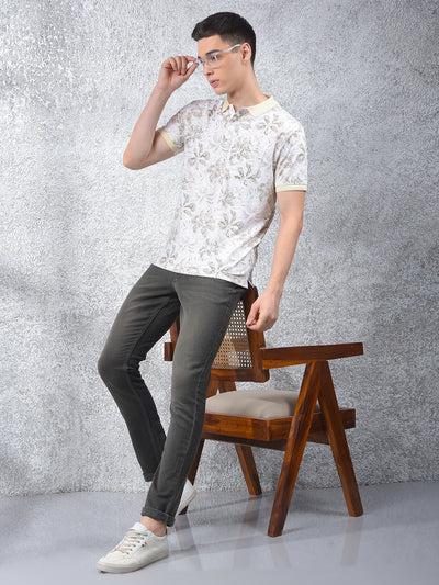 Beige Floral Print Polo-Neck T-Shirt