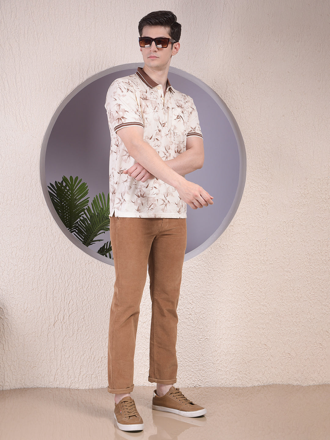 Brown Floral Print Polo-Neck T-Shirt
