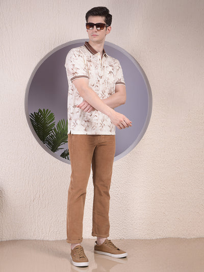 Brown Floral Print Polo-Neck T-Shirt
