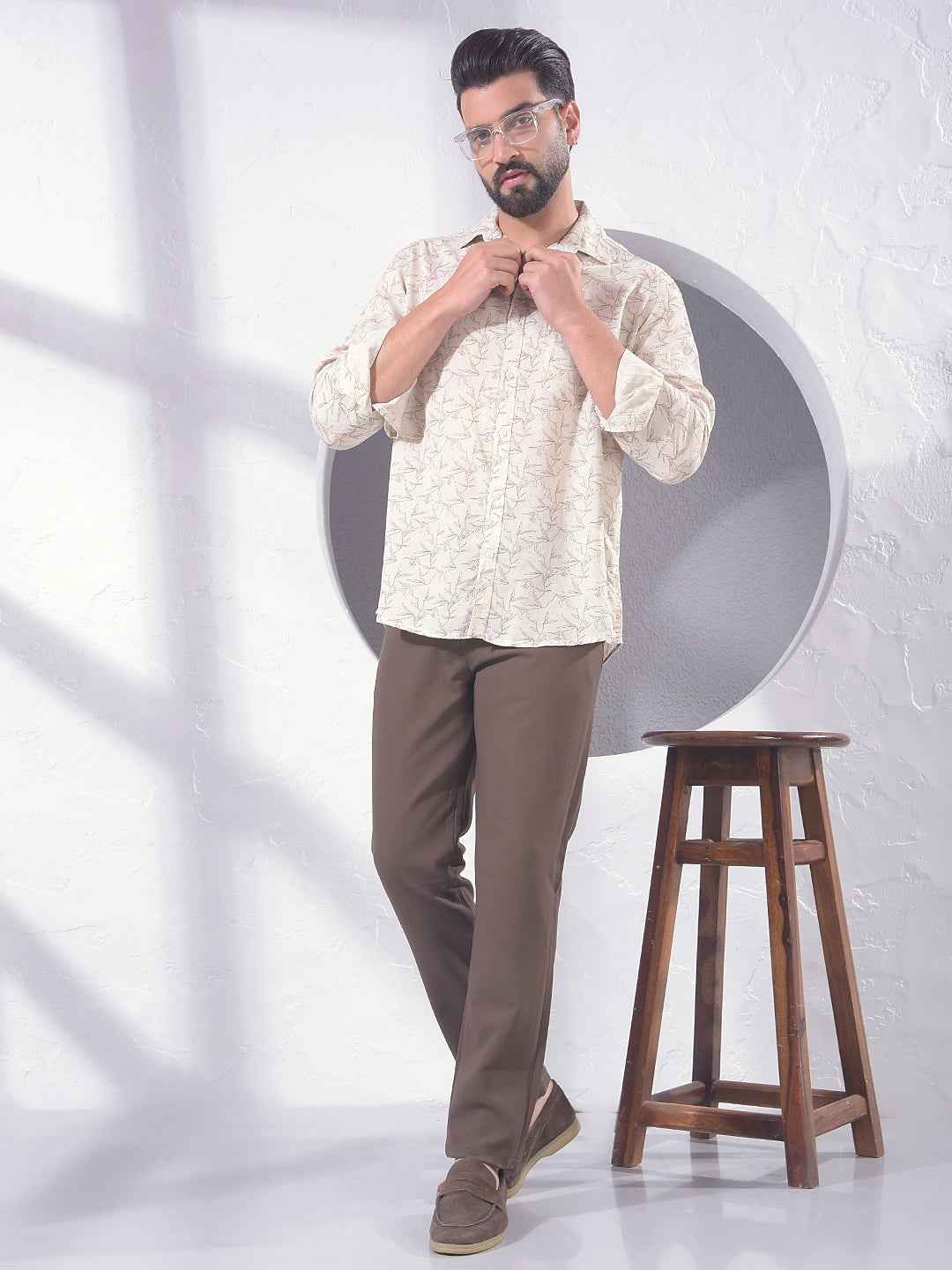 Beige Floral Print Linen Shirt