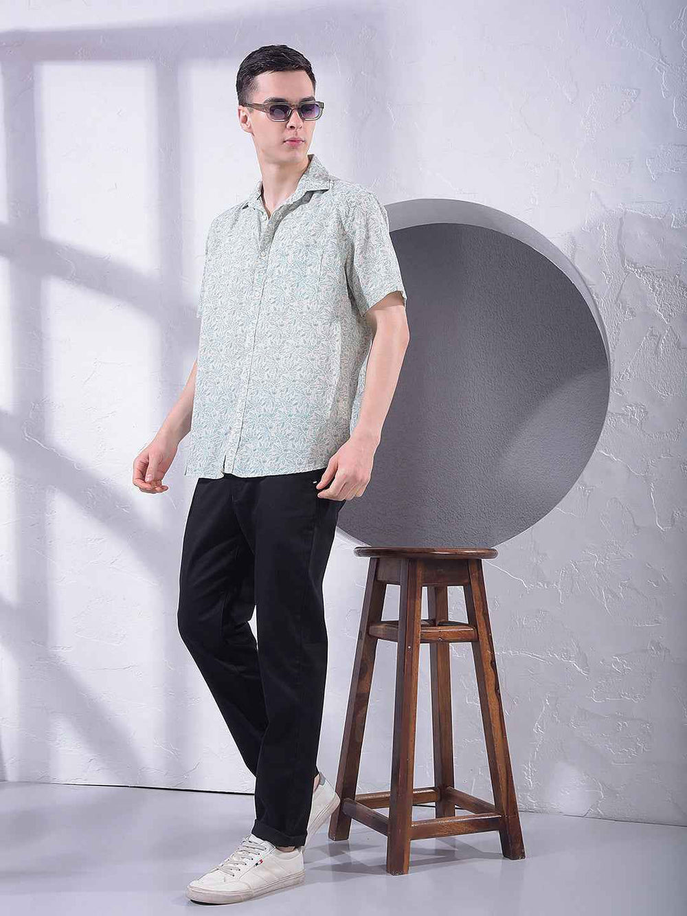Green Floral Print Linen Shirt