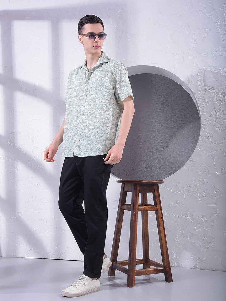 Green Floral Print Linen Shirt