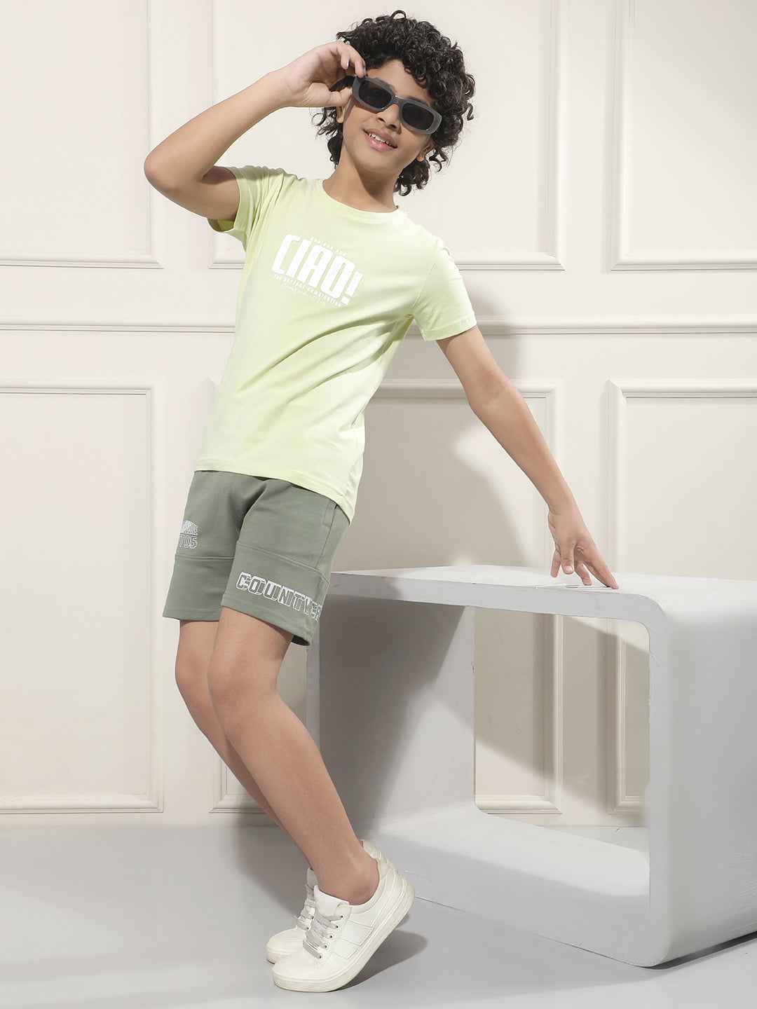 Green Typographic Print Shorts