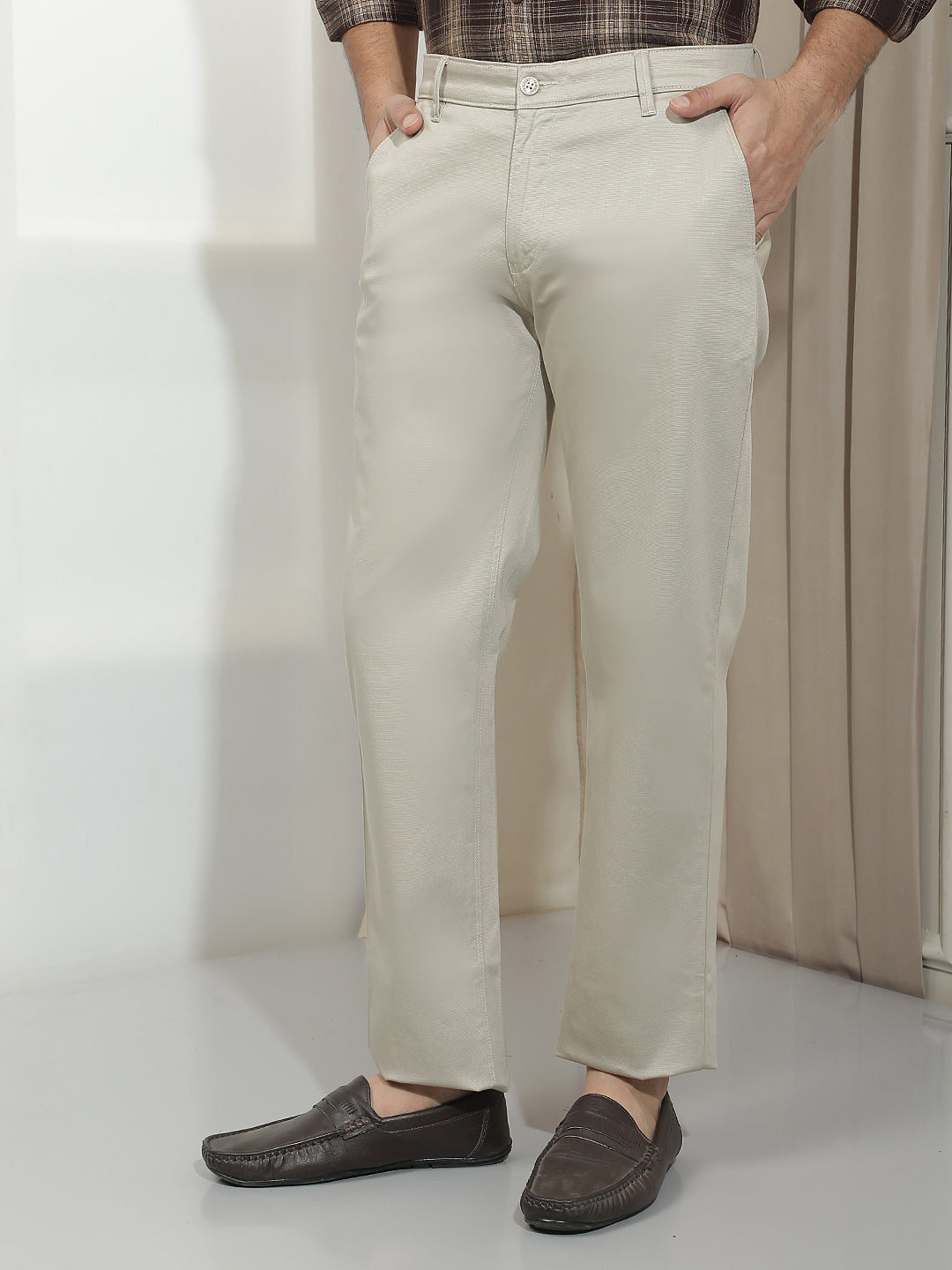 Khaki Dobby Straight Trousers