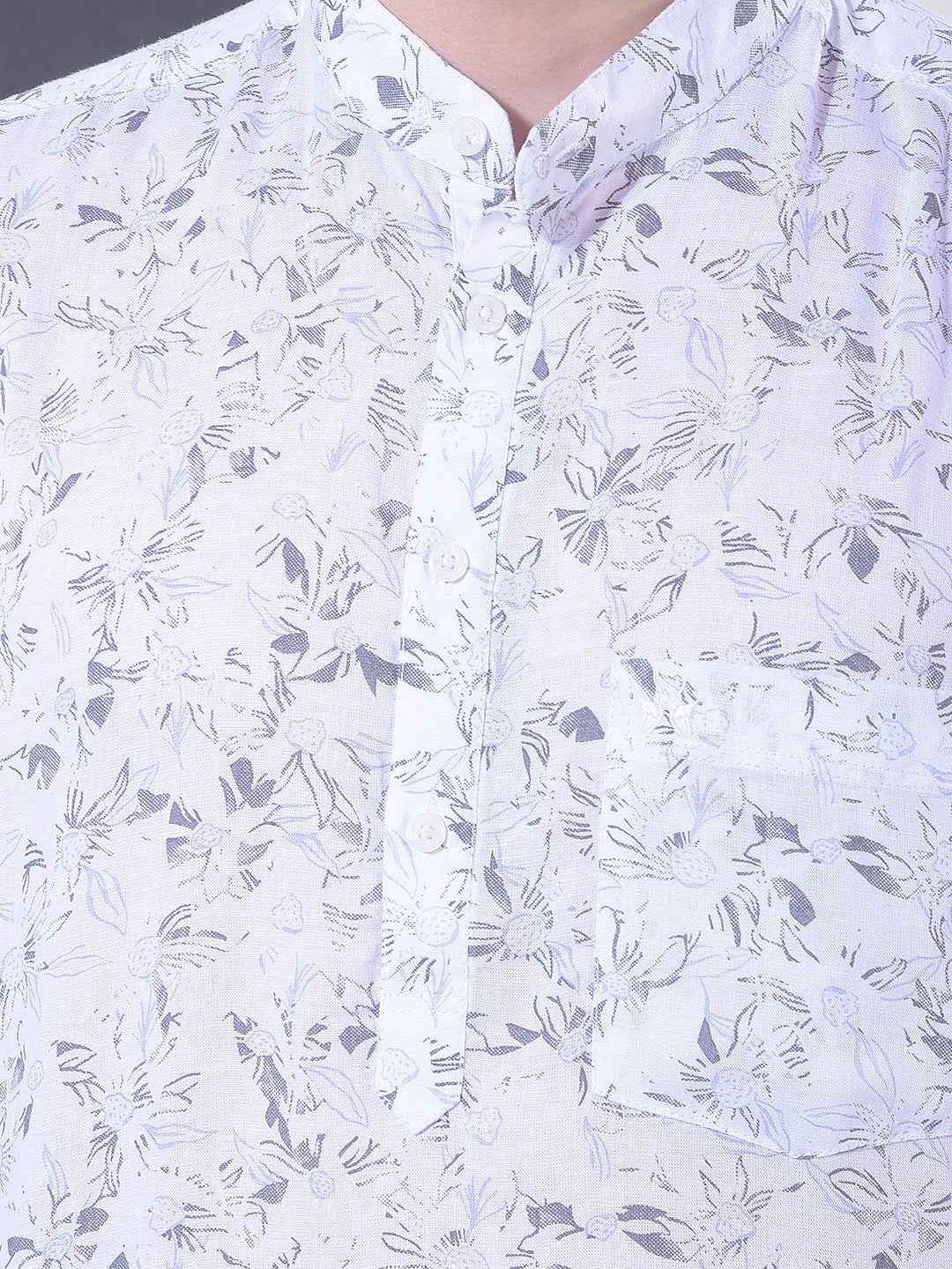 White Floral Print Linen Kurta